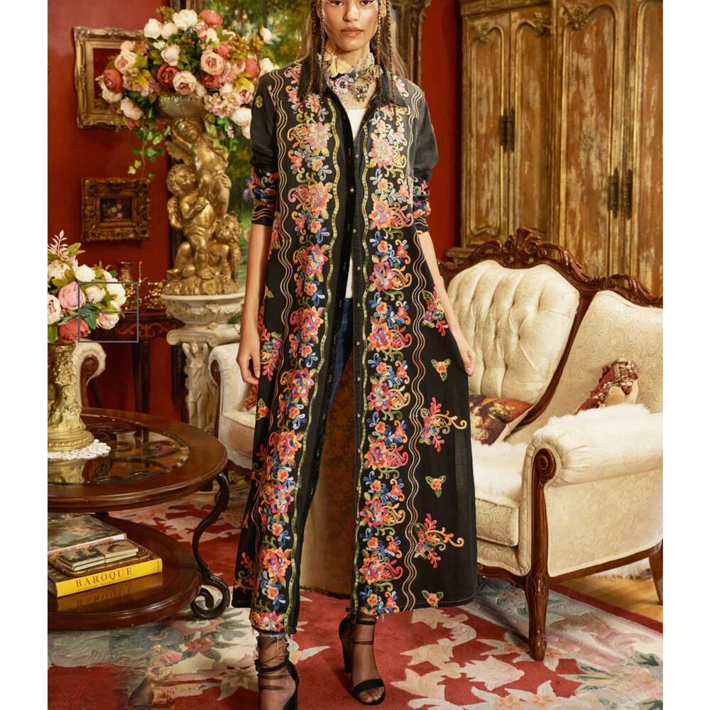 NWT ARATTA Meadow of Flowers Embroidered Duster - Black - Floral Multicolor - M